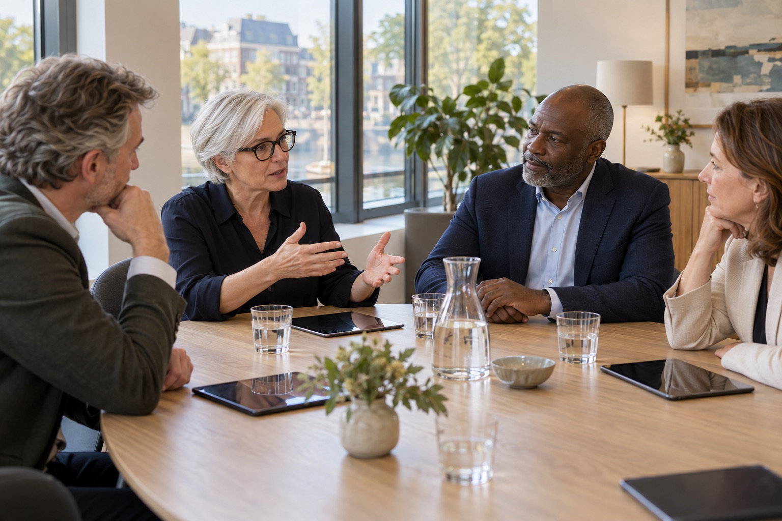 Illustratieve werksituatie: Een vrouwelijke voorzitter bespreekt een onderwerp met mede-toezichthouders.