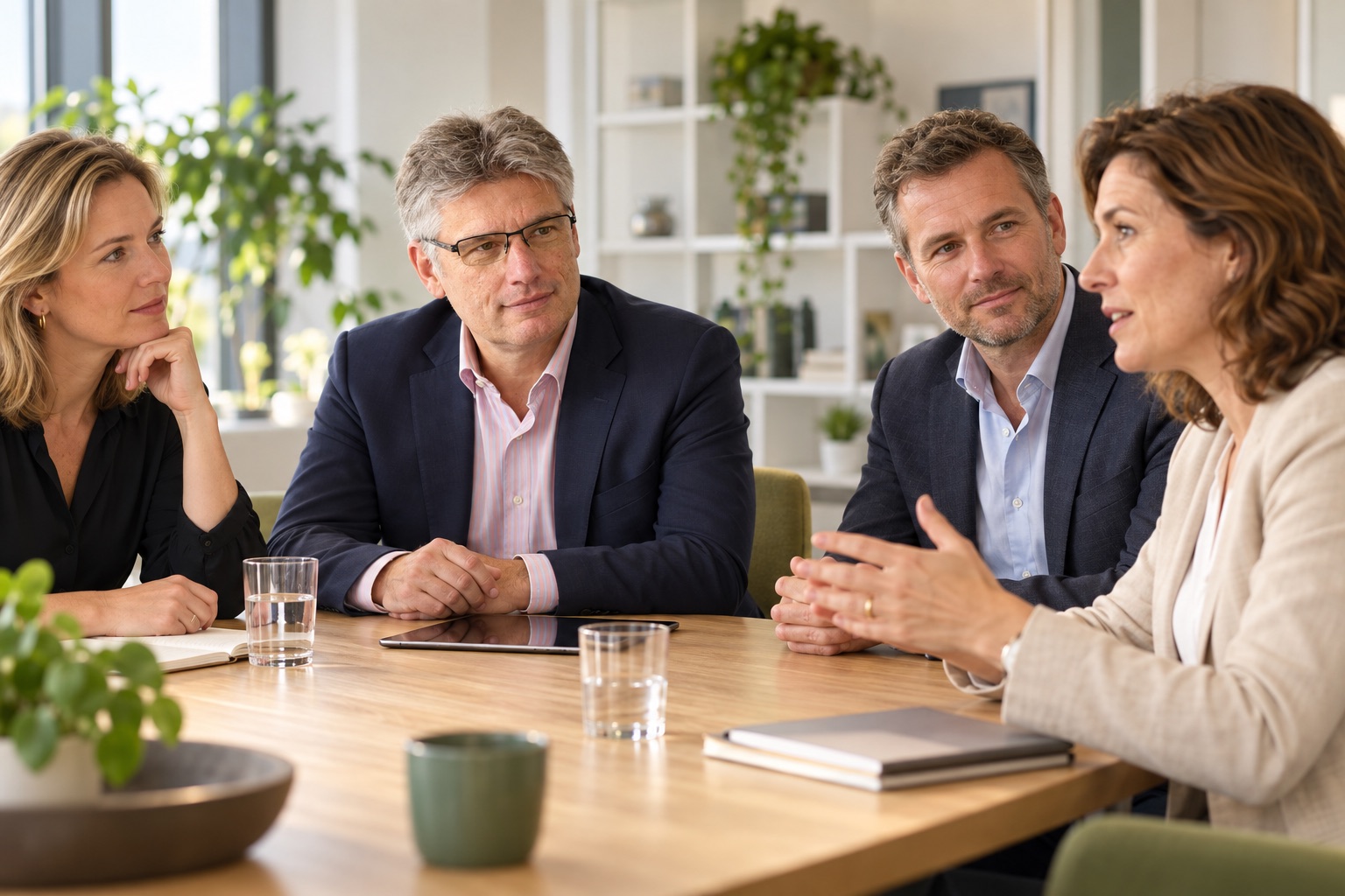 Illustratieve werksituatie: Een adviseur luistert met collega’s naar een vrouwelijke gesprekspartner aan tafel.