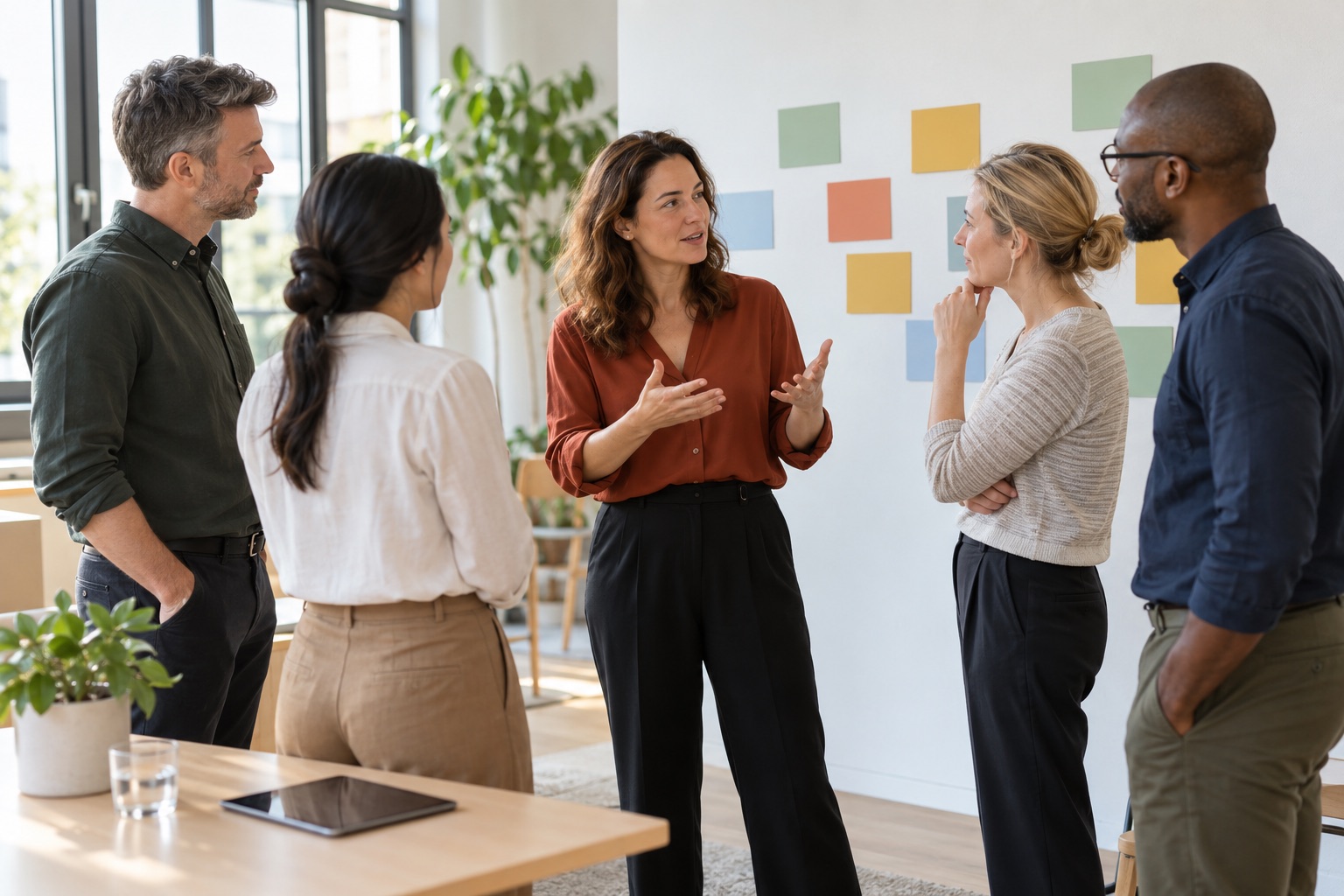 Illustratieve werksituatie: Een vrouwelijke begeleider en een team werken met gekleurde kaarten.